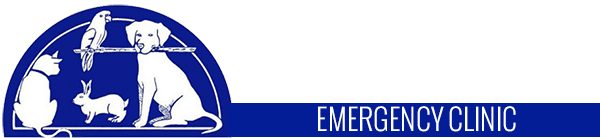Silhouettes of a cat, rabbit, parrot, and dog next to "Affordable Animal Emergency Clinic" text.