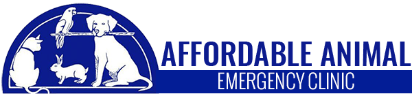 Logo showing cat, rabbit, bird, dog, and text "Affordable Animal Emergency Clinic.