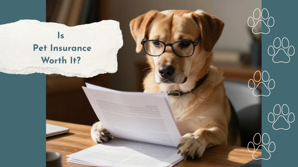 Dog wearing glasses, sitting at a table with papers, with text "Is Pet Insurance Worth It?" in the background.
